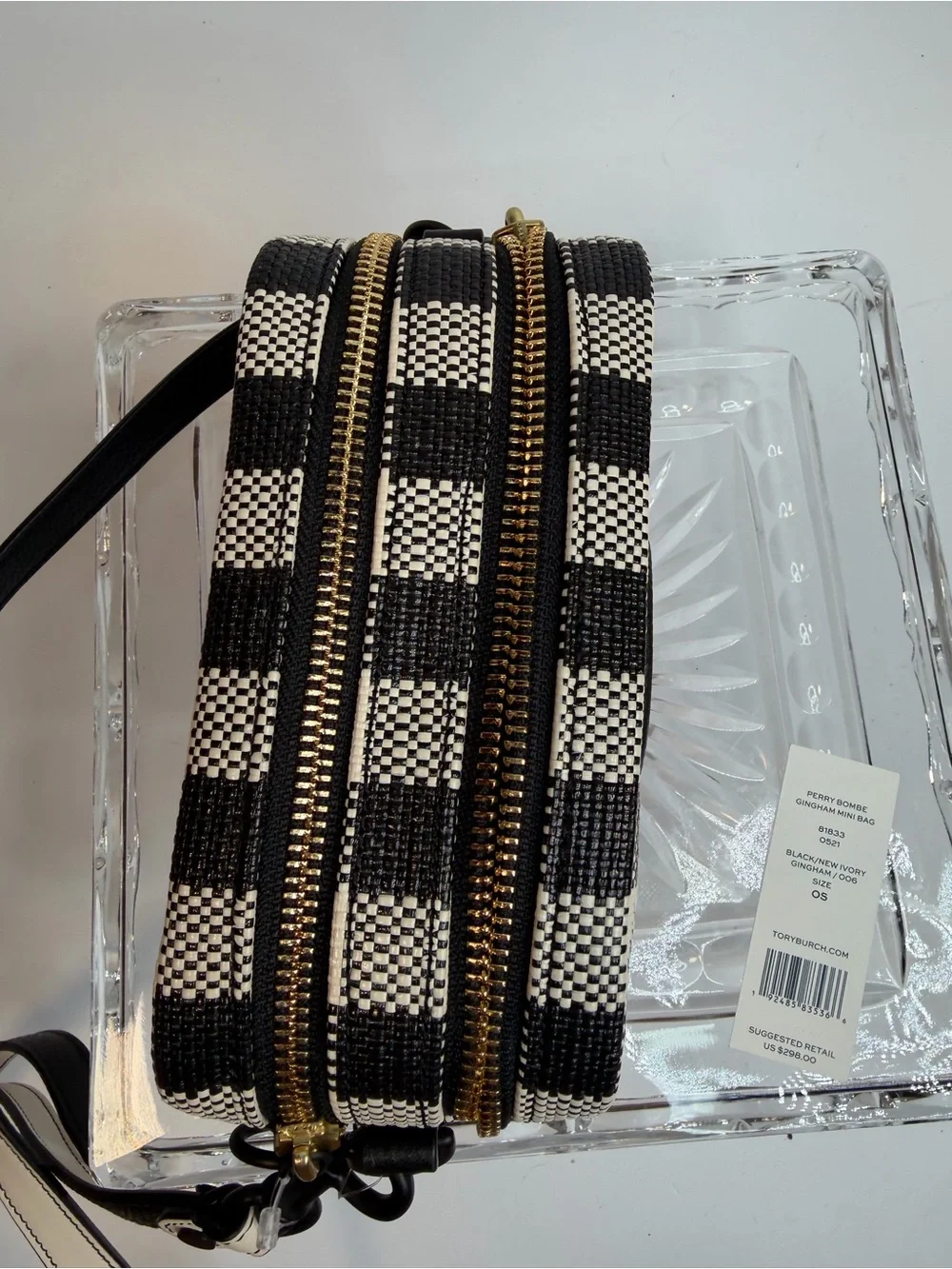 Tory Burch Perry Bombe Gingham Mini Bag Black & White  Crossbody.  NWT